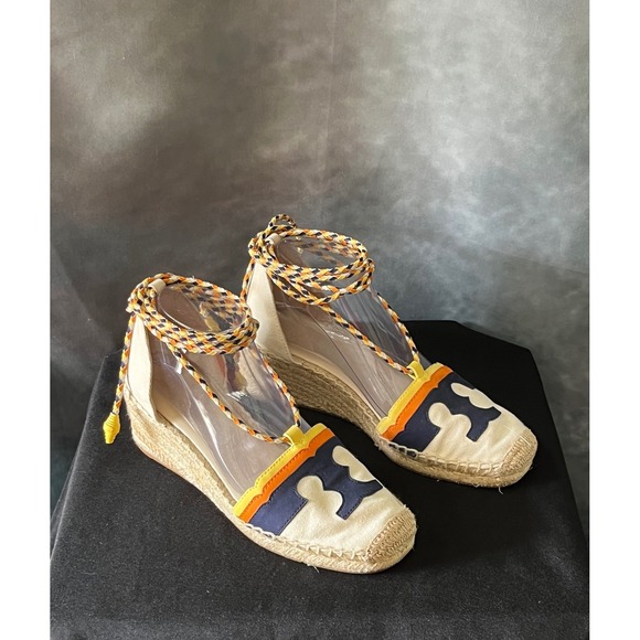 Tory Burch Shoes - Tory Burch Laguna Espadrille Wedge Ankle Wrap Sandal Logo Canvas Neutral Summer